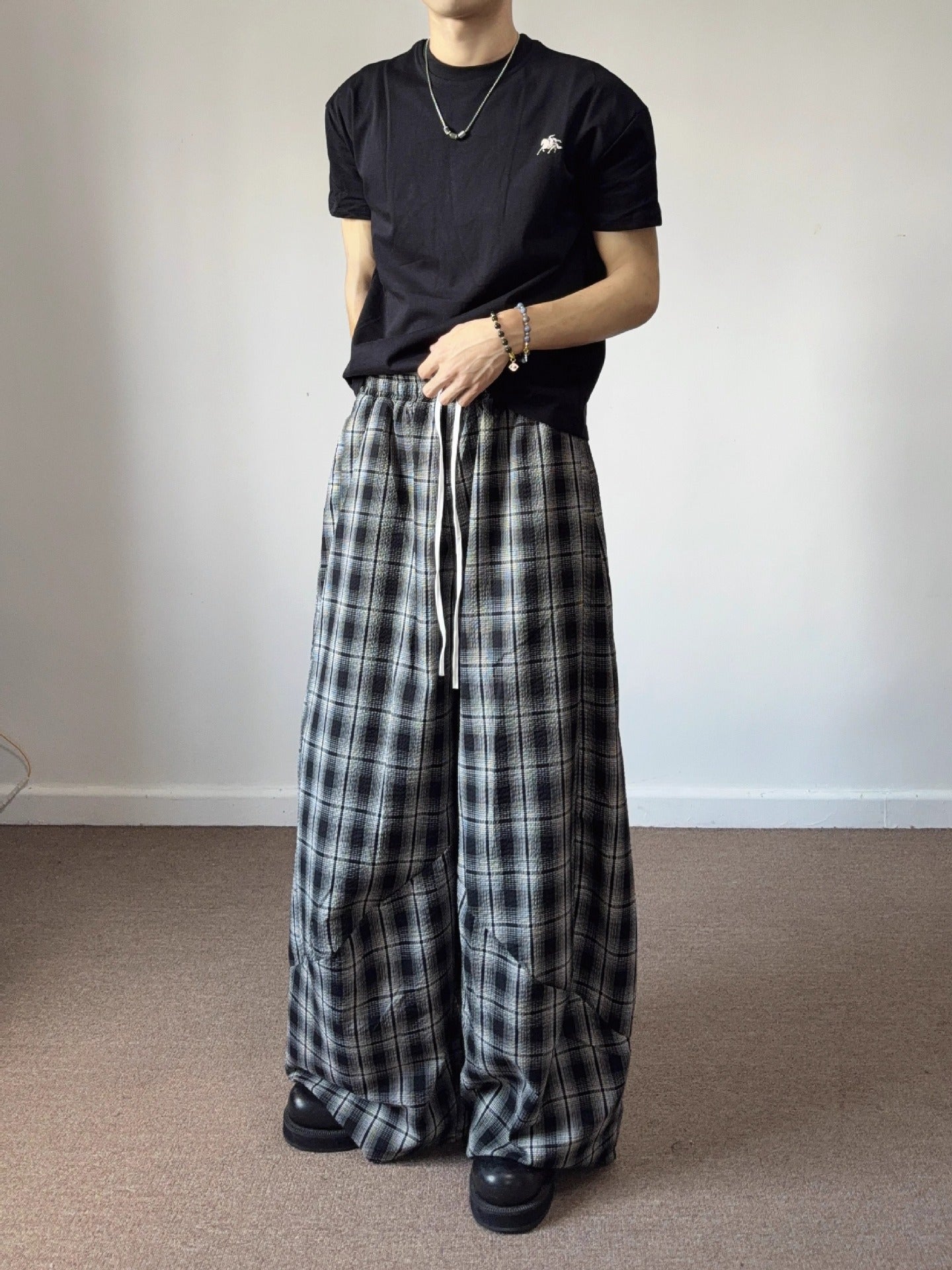 American Retro Loose Fit Plaid Trousers