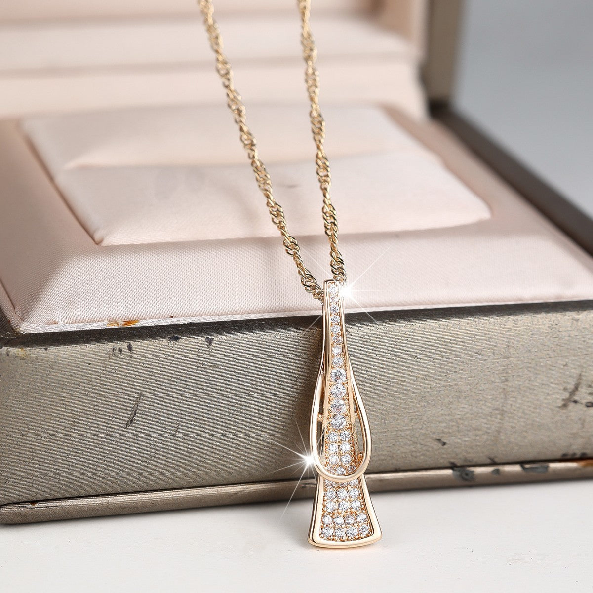 Geometric Champagne Gold White Diamond Necklace